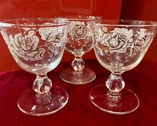 SET 3 Libbey Barware Rose Bouquet Etched Gilded  CORDIAL Glasses 4” Tall 60s
