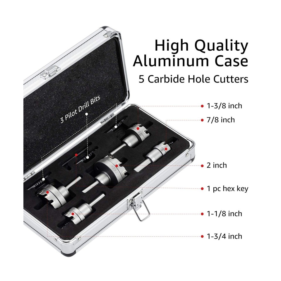 EZARC Carbide Hole Saw Kit, 5 Piece Carbide Tipped Hole Cutter with