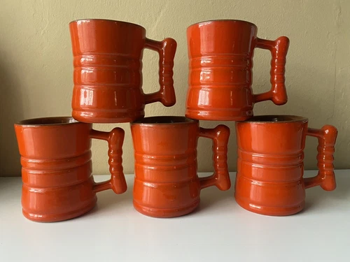 Vintage Frankoma Barrel Mug Cup C3 Orange Coffee Tea MCM Set of 5 Halloween Vibe