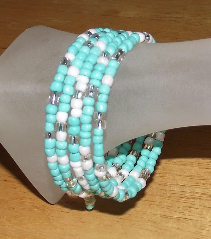Turquoise White Crystal Beaded Wrap Coil Bangle Bracelet USA Made - Glass Beads - Image 3 of 4