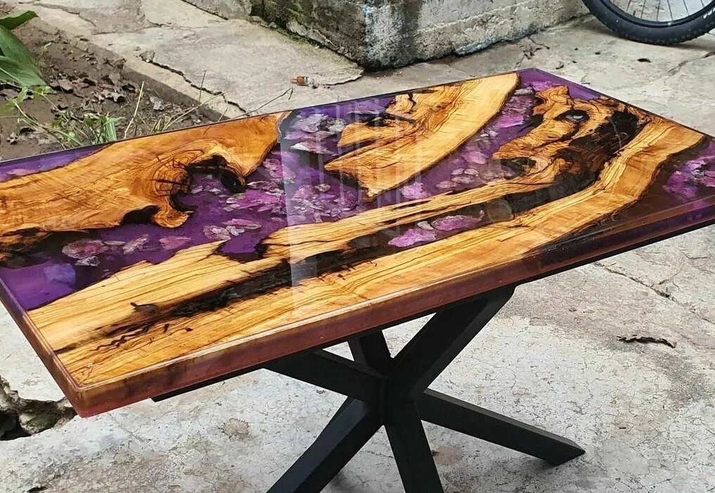 Purple Epoxy Dining Table Top Handmade Wooden Furniture For Home