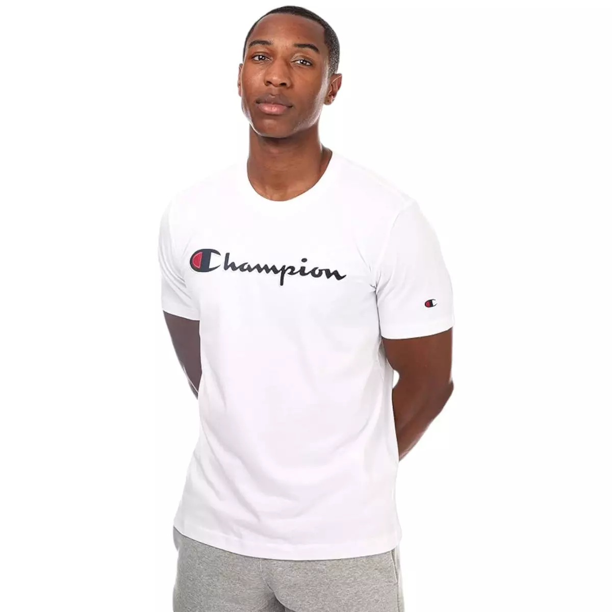 CHAMPION MEN S SCRIPT LOGO EMBROIDERED LOGO T SHIRT TEE WHITE CREW NECK RETRO OG