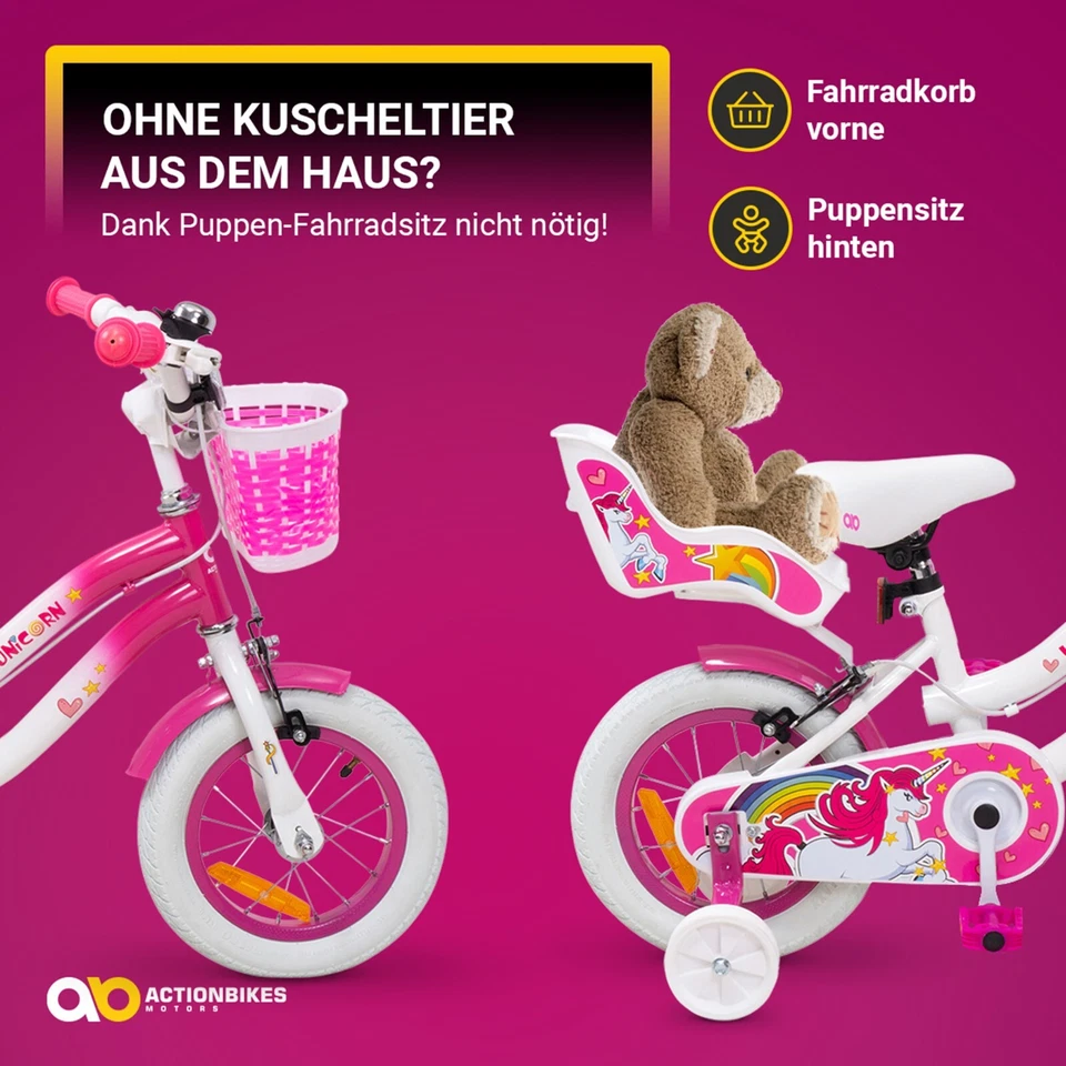 Kinderfahrrad Unicorn 12 Zoll Kinder Mädchen Einhorn Fahrrad mit Stützräder pink - Bild 4 von 4