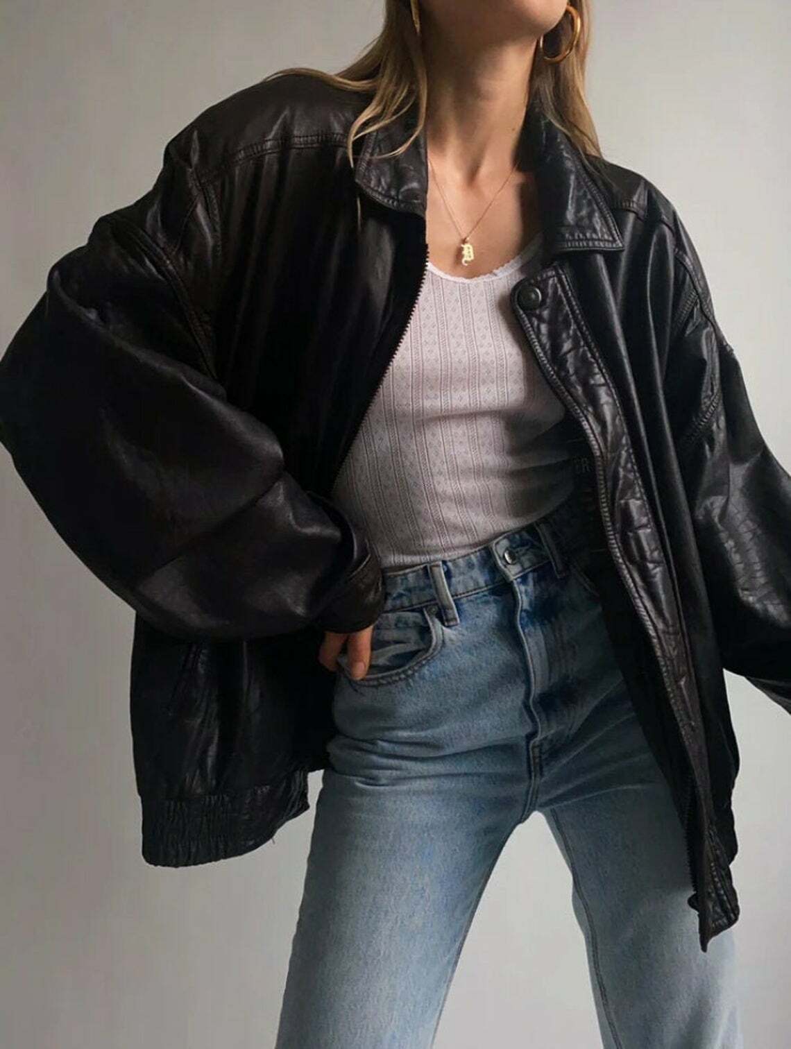 Womens Fashion 90s Leather Jacket Vintage Leather Oversized Leather Bomber Jacke