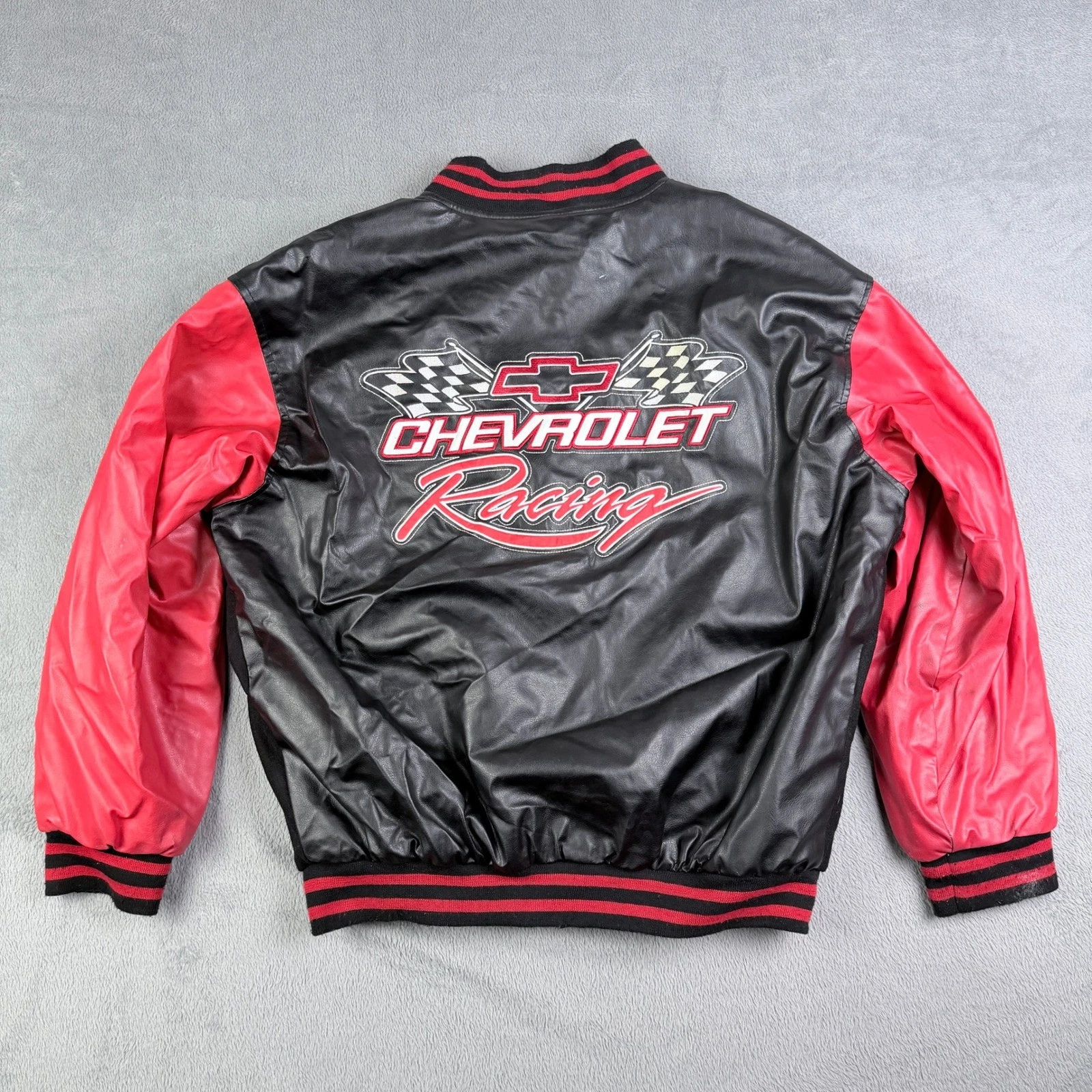 Chevrolet Racing Varsity Jacket Black Red Faux Leather Wool Blend Mens XL - product detail image 1