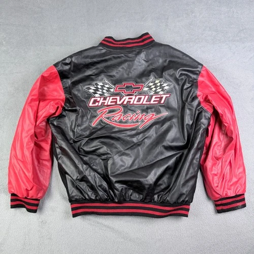 Chevrolet Racing Varsity Jacket Black Red Faux Leather Wool Blend Mens XL video thumbnail