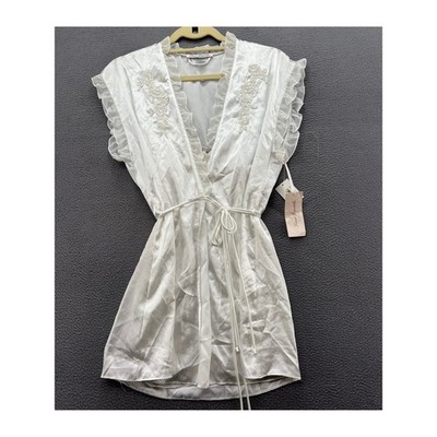 Linea Donatella Night Gown S w/ Nightie Ivory Satin Ruffle Embroidered Wrap NWT