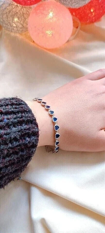 Brazalete Tenis 7 Ct Corazón Zafiro Simulado Forma Corazón Chapado en Oro Blanco 14K Foto 2 de 4