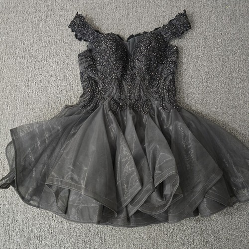 Sherri Hill Beaded Homecoming Dress 12 Gray Fit Flare Off Shoulder Party