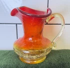 Vtg Blenko Amberina Red Yellow Crackle Glass Pitcher MCM Hand Blown 4” Glows