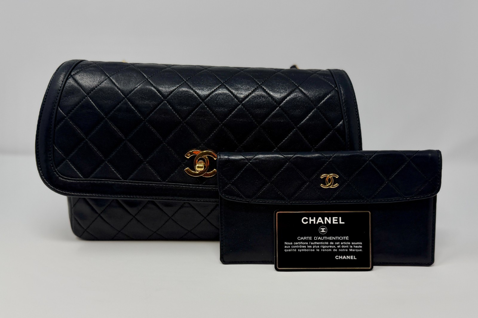 Vintage Chanel Black Lambskin Medium Half Flap Bag Gold HW 1989-1991 w/Wallet