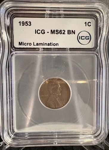 1953 ICG Graded MS62 BN Lincoln Wheat Cent Micro Lamination Mint Error
