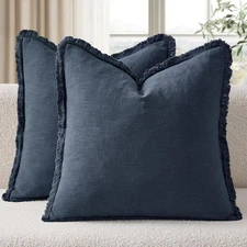 Linen Fringe Throw Pillow Covers Set of 2 Boho Farmhouse Accent Decorative Pi...