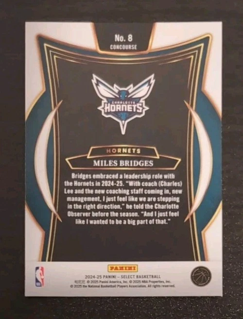 Miles Bridges #8 2024-25 Panini Select Basketball Blue Base Hornets Concourse - Image 2 of 3
