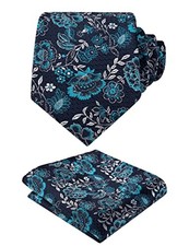 Mens 3.15'' Leaf Flower Pattern Tie with Floral Pocket 148-navy teal white