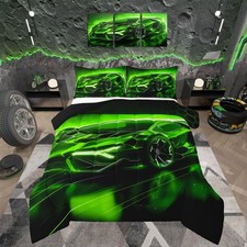 Kids Sports Car Comforter Set Queen Size Green Race Car Theme Bedding Set wit...