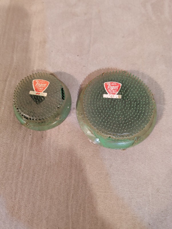 Set Of Two #6 @ #4 Vintage Vogue Green Cast Iron Flower Holders 