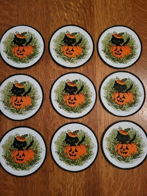 Vintage Halloween Black Cat And Jack-O-Lantern Drink Coasters By Hallmark 9...
