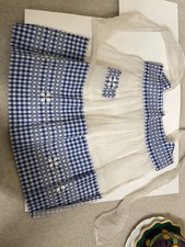 Vtg Blue  White Gingham Check Cotton Hostess Half Apron Cross Stitch Design