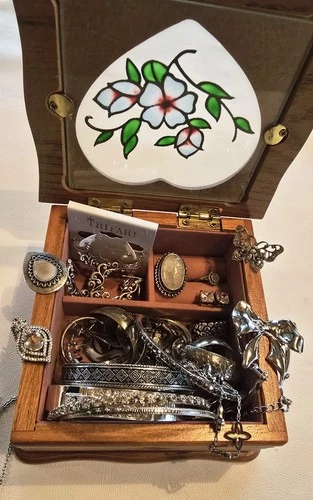 Vintage To Now Silver Tone + 925 Necklaces Bangles Earrings Pins Trifari + Box