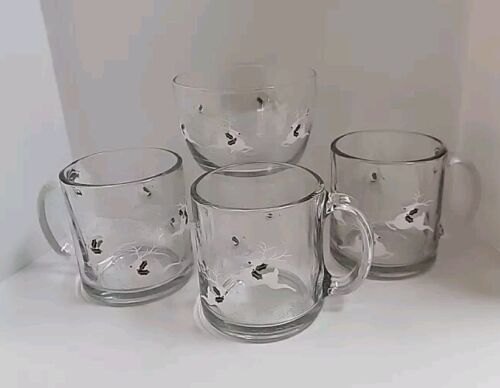 VTG Libbey Leaping Reindeer Snowflake Christmas Mugs 3 & Bowl Made in USA Winter - Picture 3 of 11