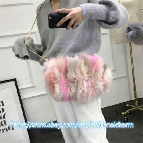 100% Womens Real Fox Fur Handbag Winter Warm Shoulder Chain Tote Party Purse  - Afbeelding 1 van 36