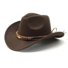 Brown Western Cowboy Cowgirl Hat – Gold Feather Braid Band, Felt, Men Women