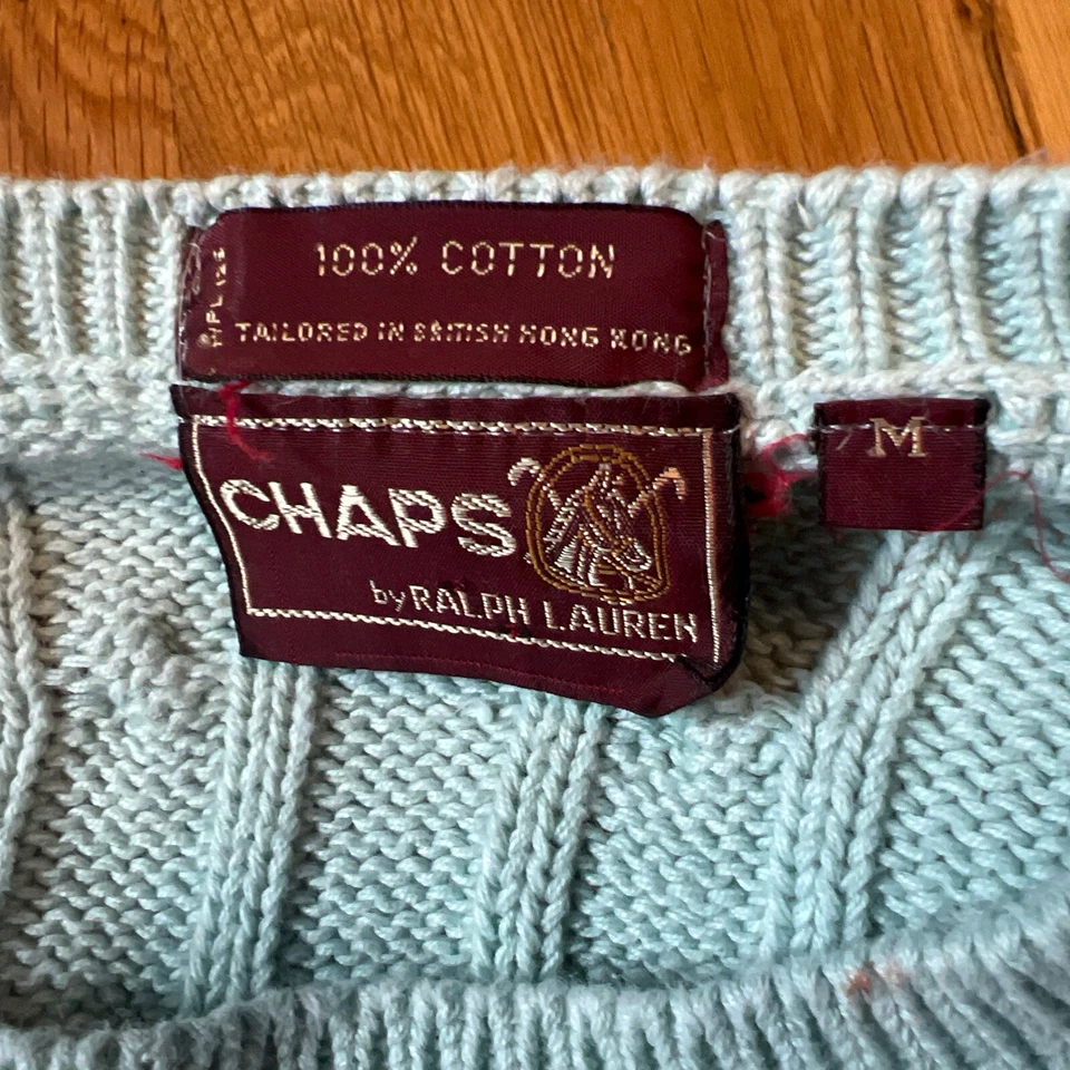 Suéter Chaps Ralph Lauren De Colección Etiqueta Cresta de Caballo Algodón Tejido con Cable Cuello Redondo Años 80 Foto 2 de 3