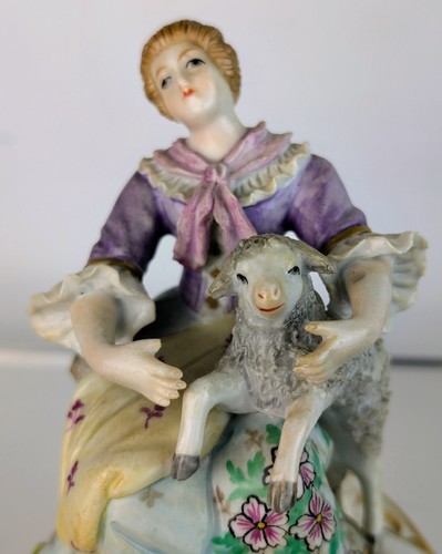 Antique Sitzendorf Porcelain German China seated Female Girl Figure + Sheep Lamb - Picture 4 of 13