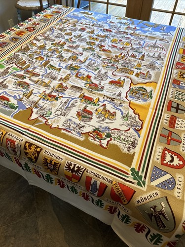 Vtg Kunstlerhandruck Germany Map Tablecloth Cities Coats Arms Crests 62x51 NWT - Picture 2 of 7