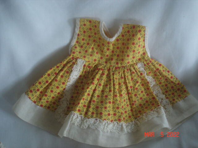 FUN! Vtg. 1950&#039;s 14" CHUBBY / BABY DOLL YELLOW & RED PRINT DRESS Factory Made