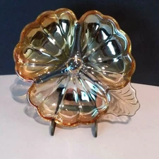 Jeanette Glass Doric Marigold Clover Leaf Amber Iridescent Dish