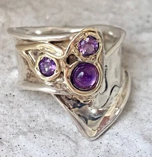 Hagit Gorali Ring Israel Sterling Amethyst 14k Gold 925 Silver Signed HTF Sz 5.5