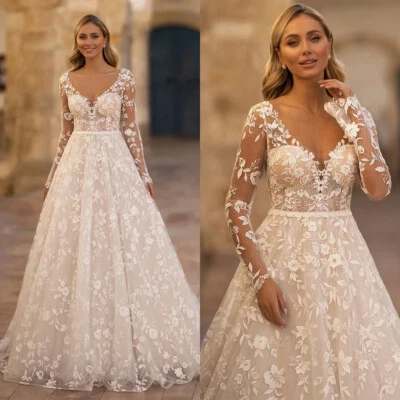 Brautkleid Hochzeitskleid Ivory Spitze Aufkleber A-Linie V-Ausschnitt 38 40 42 - Bild 1 von 4