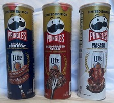 3 Cans Of Pringles Limited Miller Light Beer Brat, Steak & Chicken Potato Chips