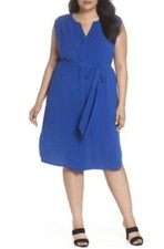 Adrianna Papell Womens Plus Size 16W Gauzy Crepe Shirtdress Cobalt Blue New $159
