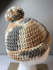 Hand Knitted Pom-Pom Beanie Hat Child Size Pre-Teen Brown-Cream-Gray