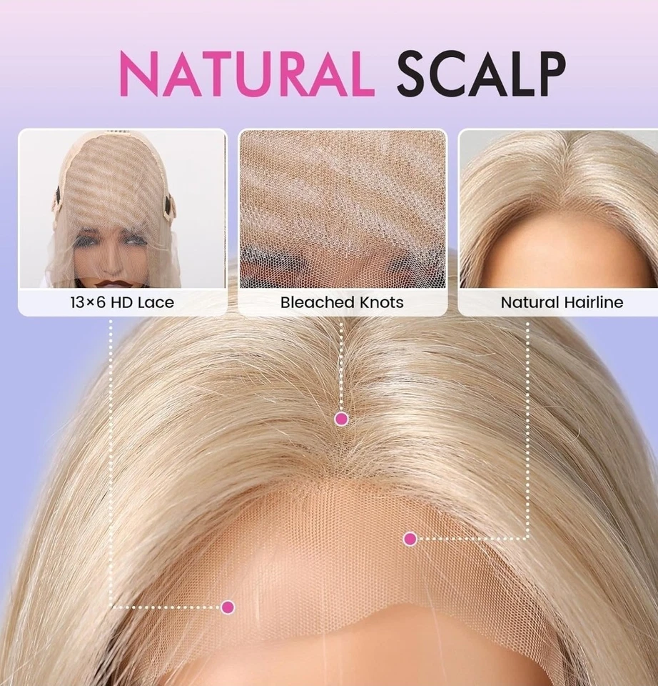 Long Platinum Blonde Wig HD Front Lace Human Hair Blend Highlights Straight - Image 2 of 4