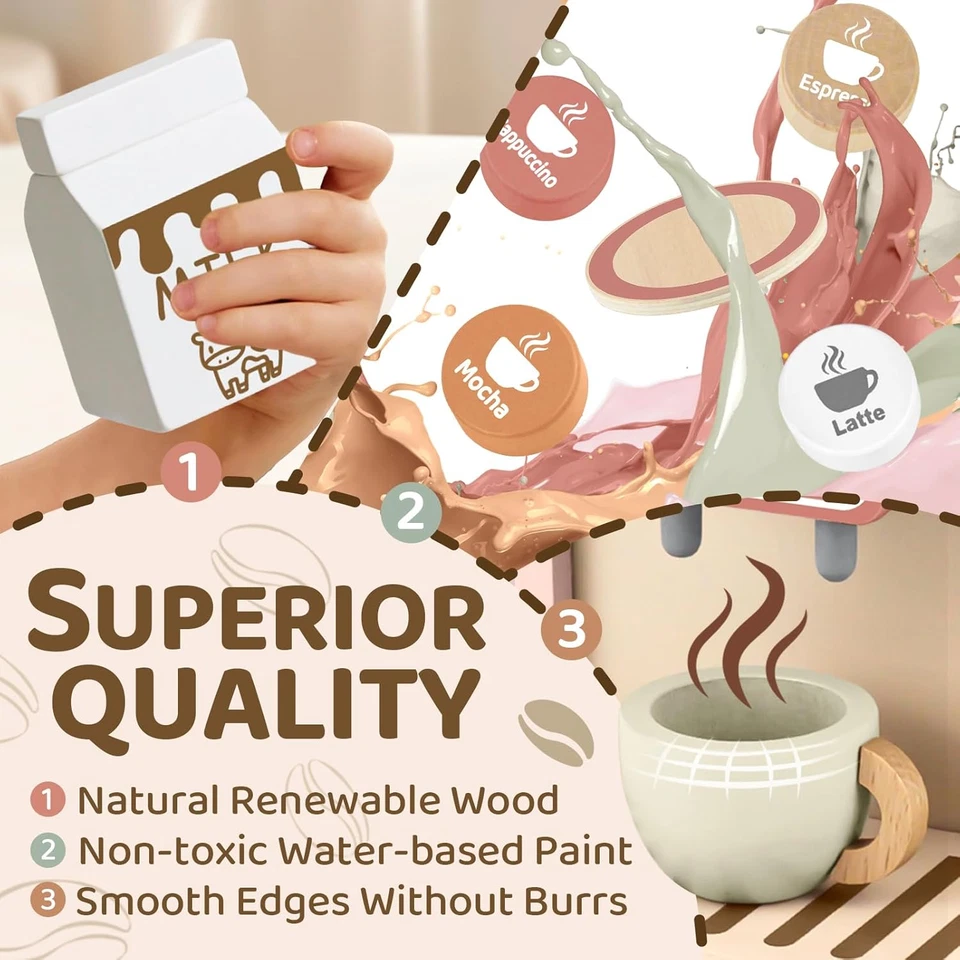 Macchina Caffè Giocattolo, Accessori Cucina Giocattolo Legno per Bambini Bambina - Immagine 3 di 4