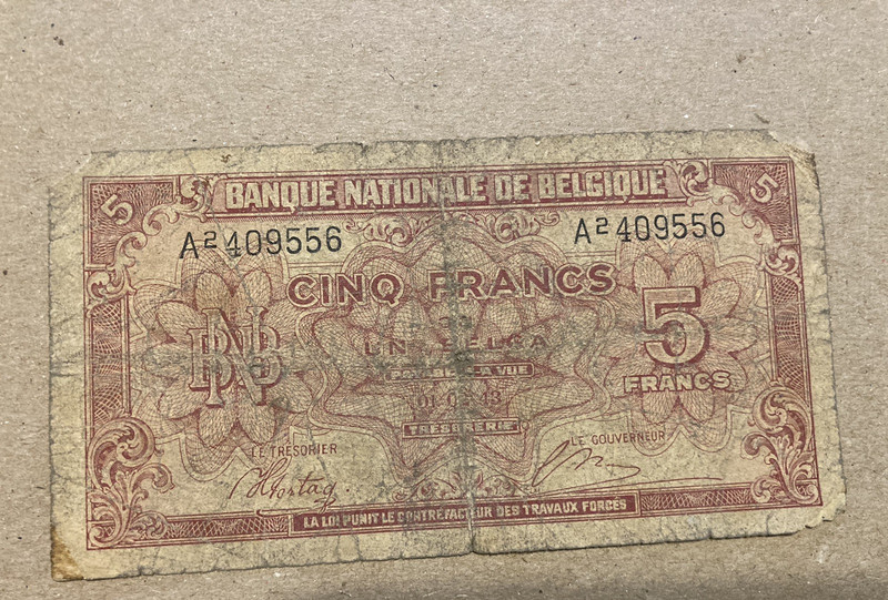 1943 Belgium 5 Francs Banknote (BAN302-)