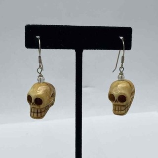 Sterling Silver Carved Skull Dangle Hook Earrings 1.5" 13.4g