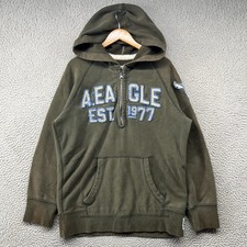 American Eagle Fleece Hoodie Mens Large Olive Green Hooded Sweatshirt Y2K Zip