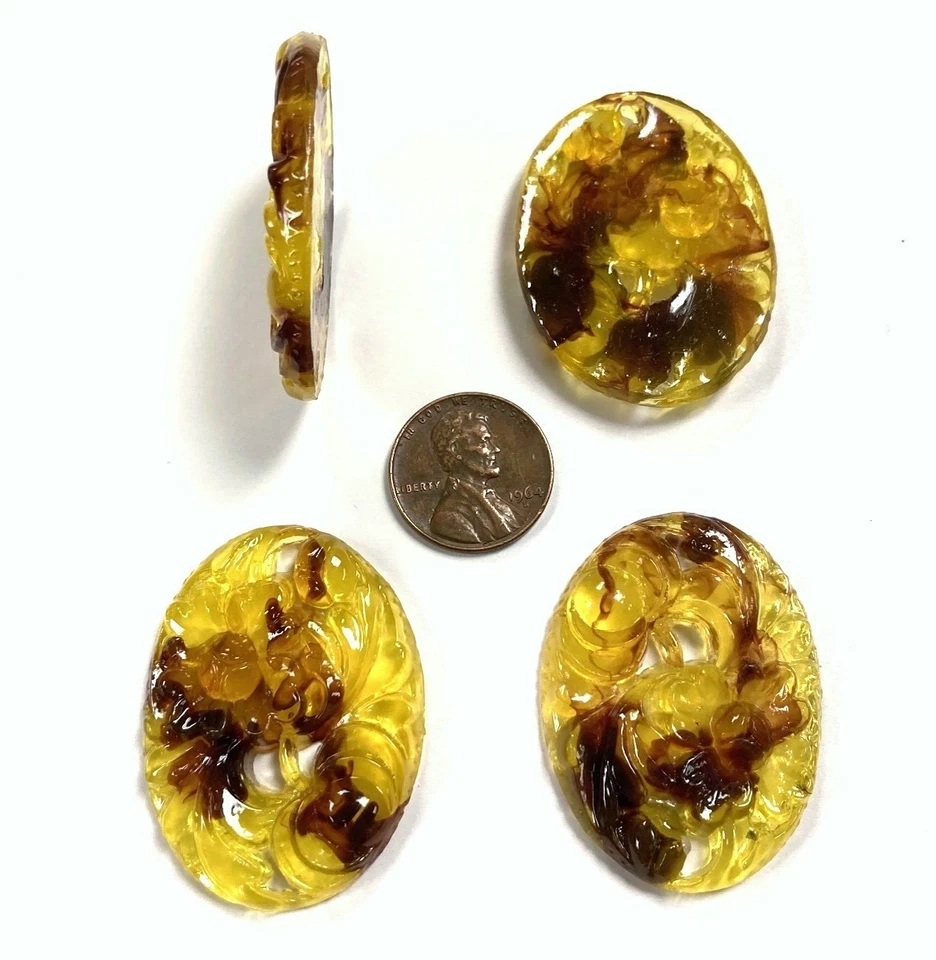 6 Vintage Hong Kong Tortoise Yellow Amber Resin Floral 40x30mm. Oval Cameos 112 - Image 3 of 4