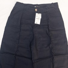 Zara Pants Women Sz. Large 100 Linen Wide Leg Navy High Waisted Trousers NWT