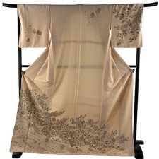 Japanese Silk Houmongi Kimono L 172cm Light orange Cherry blossom Wave 5023198