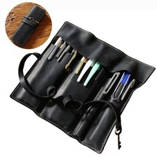 Vintage Genuine Leather Pen Pouch Roll-up Pencil Case Bag Stationery Storage US