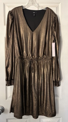 #ad NWT Aqua Curve Plus 1X Gold Lamé metallic And Black Long Sleeve Dress Bloomies $45.00