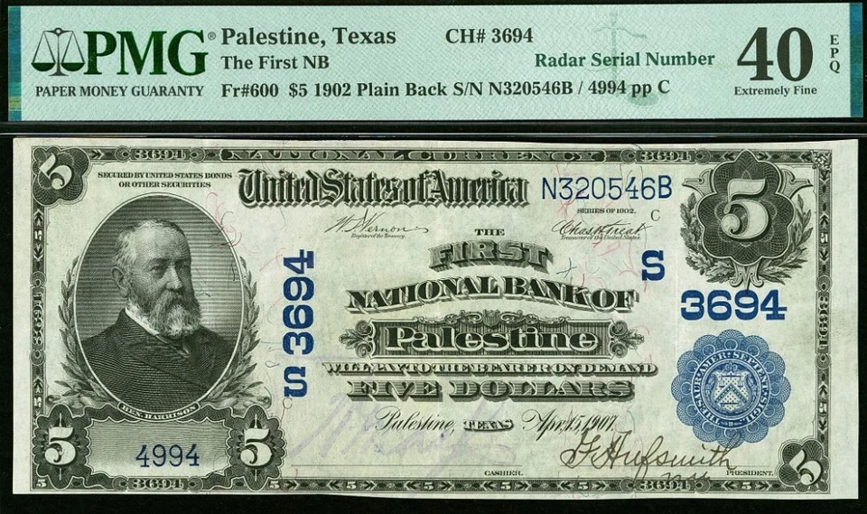 1902 $5 National Bank Palestine Texas CH# 3694 PMG 40EPQ Fancy Radar Serial 4994 - Image 2 of 3