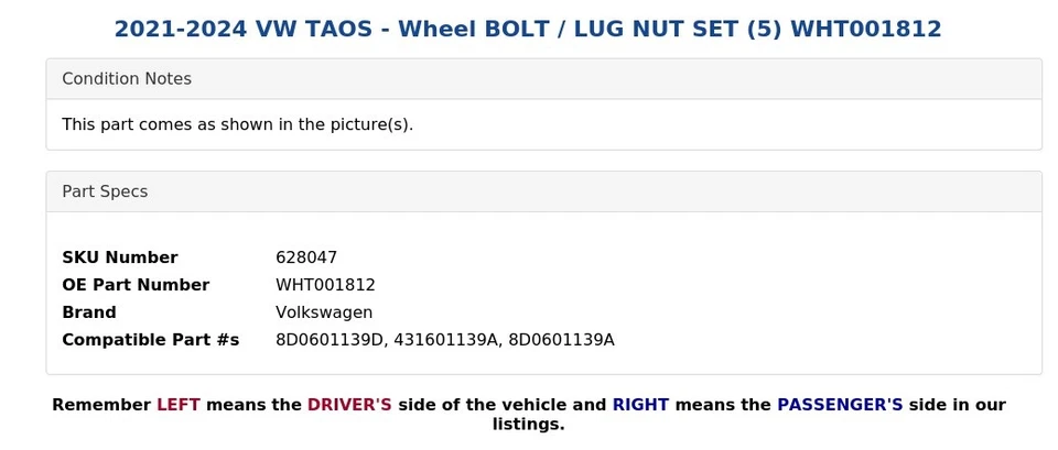 VW TAOS 2021-2024 - Juego de pernos/tuercas de rueda (5) WHT001812 Foto 3 de 3