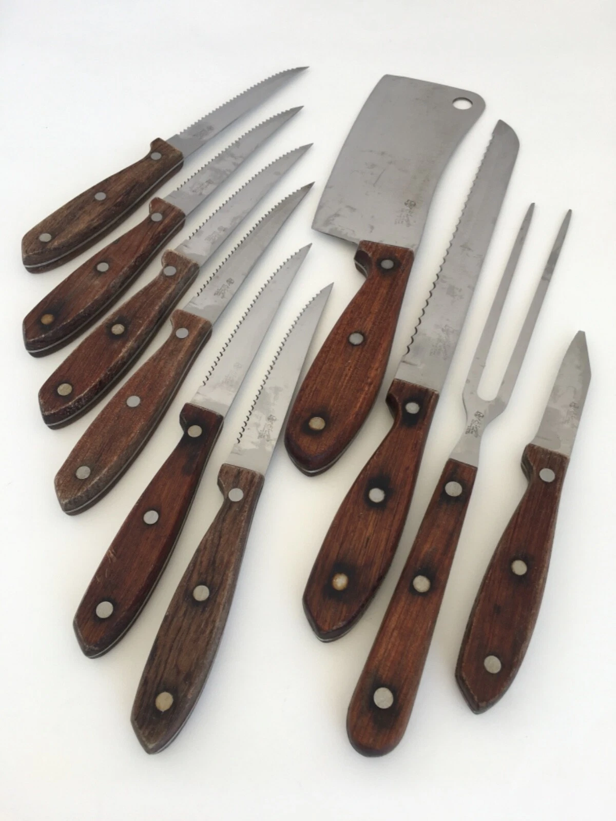 Fernanda Mfg Vintage Knife Set: 6 Steak Knives Serrated, Paring + Cleaver 10 pcs